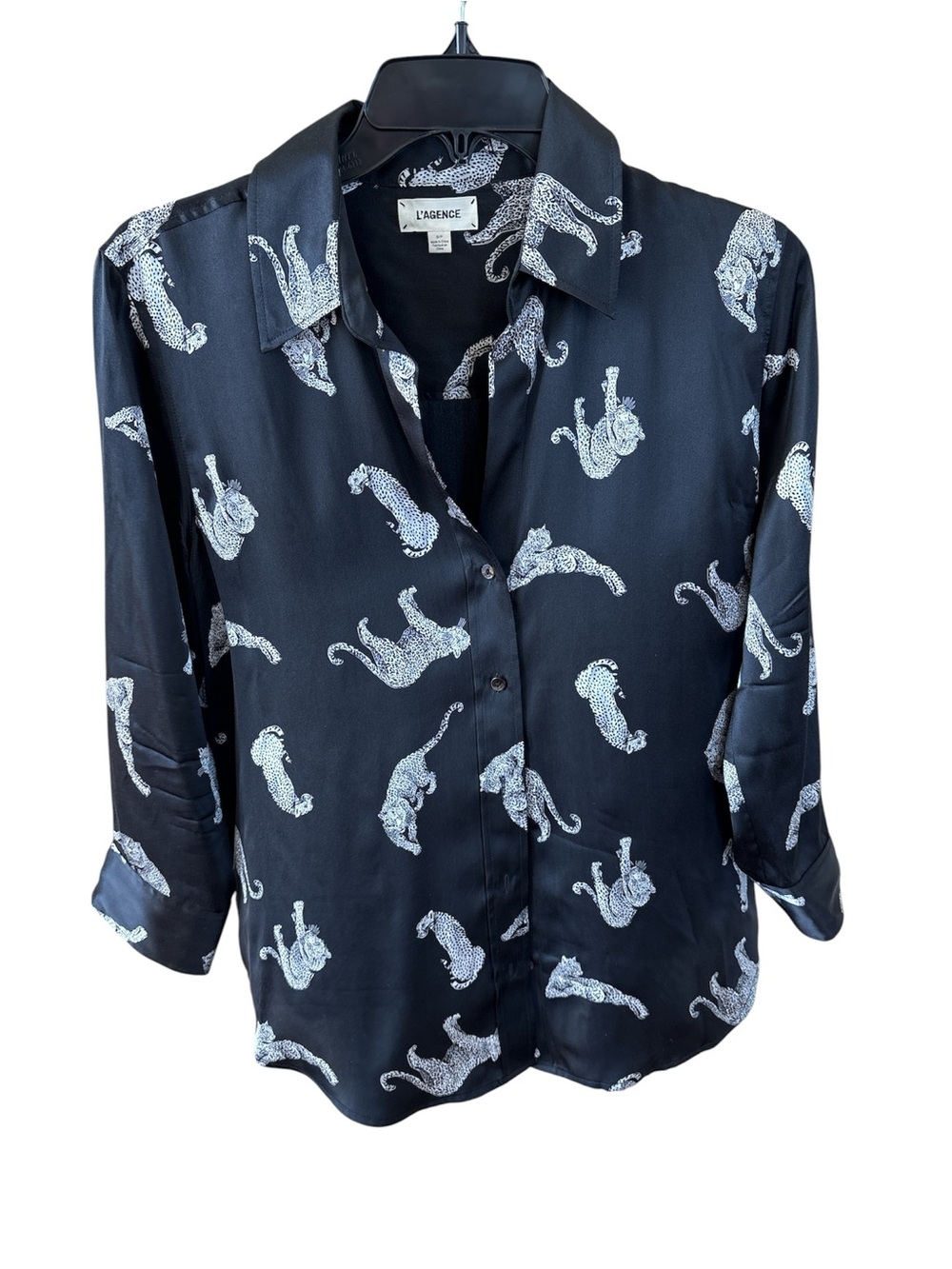 L'AGENCE Black Silk Leopard Motif Button-Down Shirt